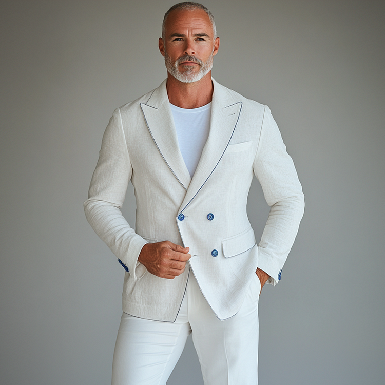 Men's Peaked Lapel Double Breasted Contrast Binding Blazer