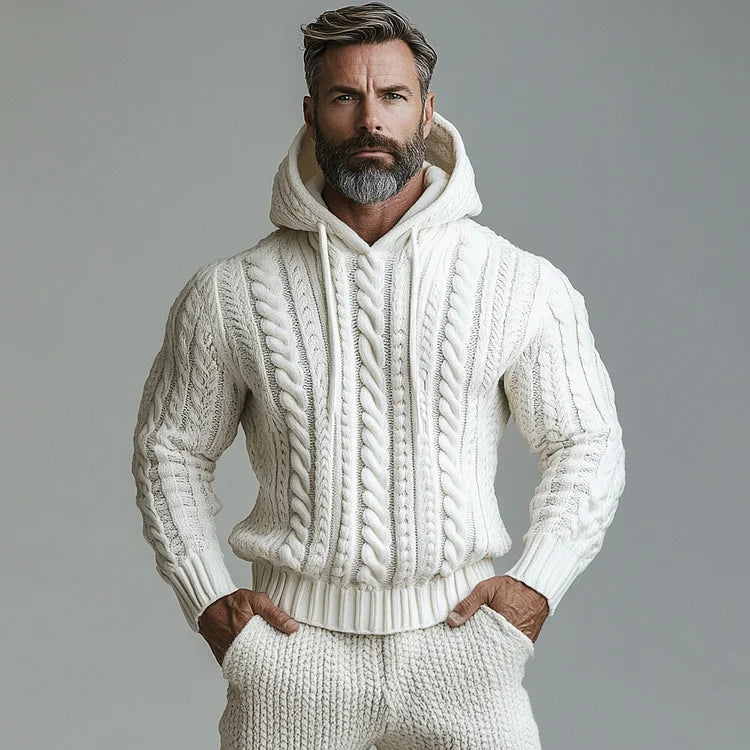 Men's Casual Long Sleeve Drawstring Cable Knit Hoodie