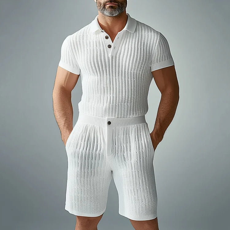 Men's Knitted Short Sleeve Polo Shirt & Slant Pocket Shorts 2Pcs Set