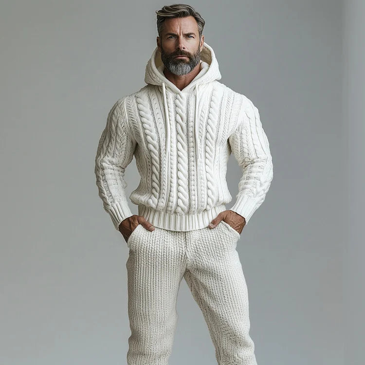 Men's Casual Long Sleeve Drawstring Cable Knit Hoodie