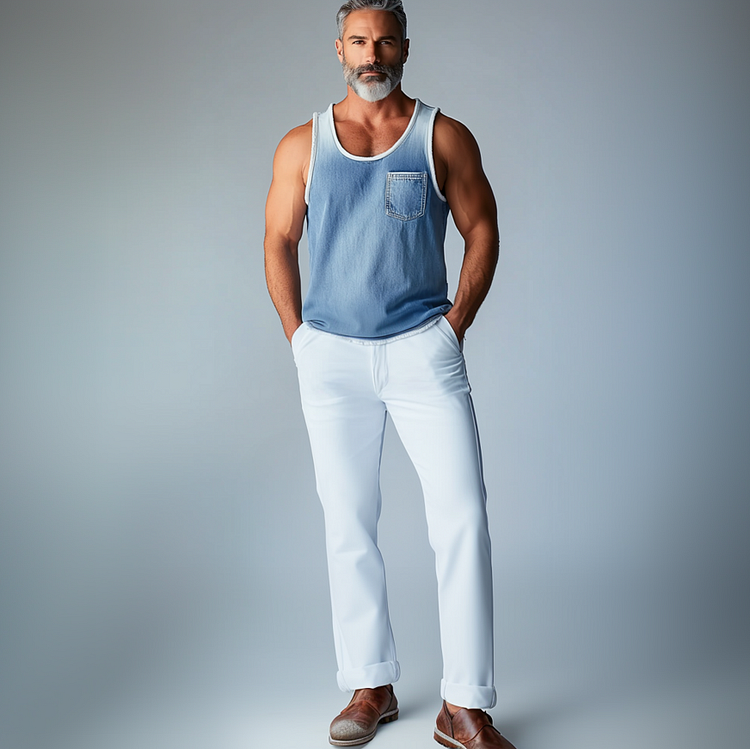 Men's Gradient Denim Chest Pocket Crew Neck Tank Top
