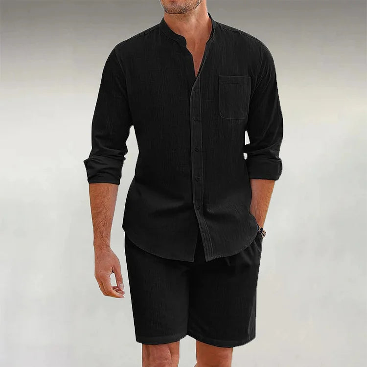 Men's Linen Stand Collar Casual Long Sleeve Shirt & Shorts 2Pcs Set