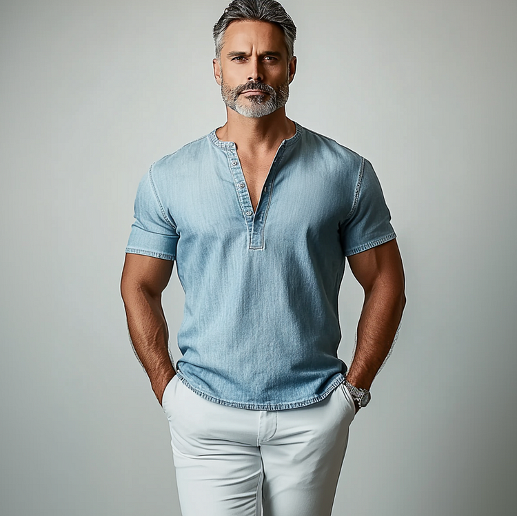 Men's Denim Short Sleeve Half Button Henley Shirt