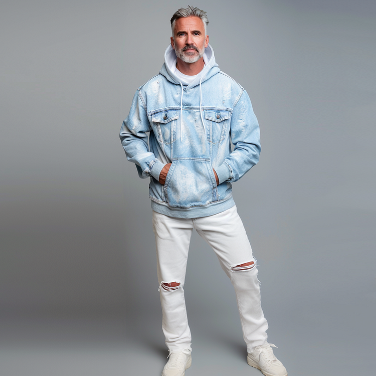 Washed Denim Hoodie – Blue & Grey