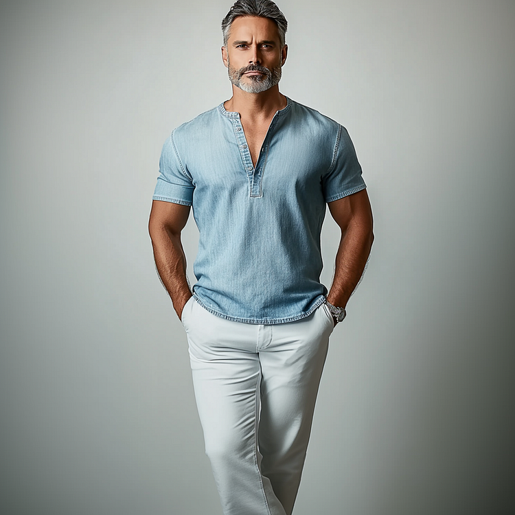 Men's Denim Short Sleeve Half Button Henley Shirt