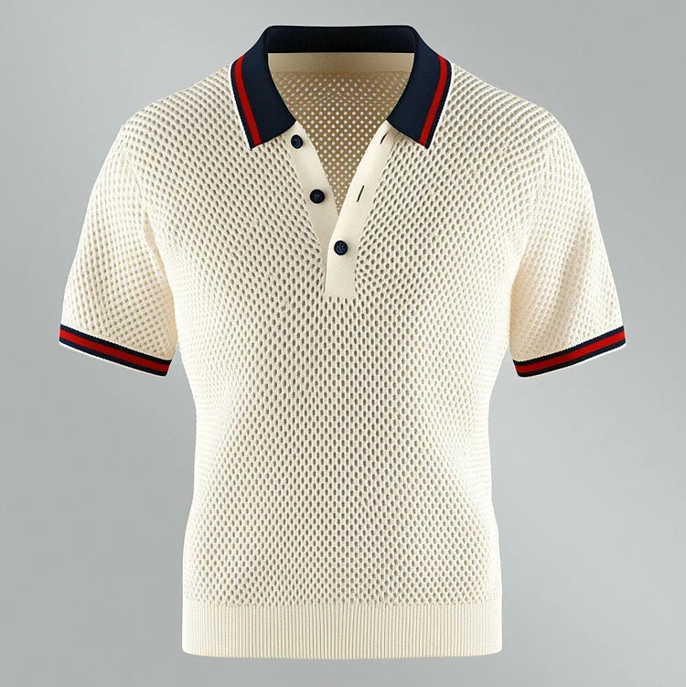 Men's Knitted Hollow Out Contrast Stripes Half Button Short Sleeve Polo Shirt