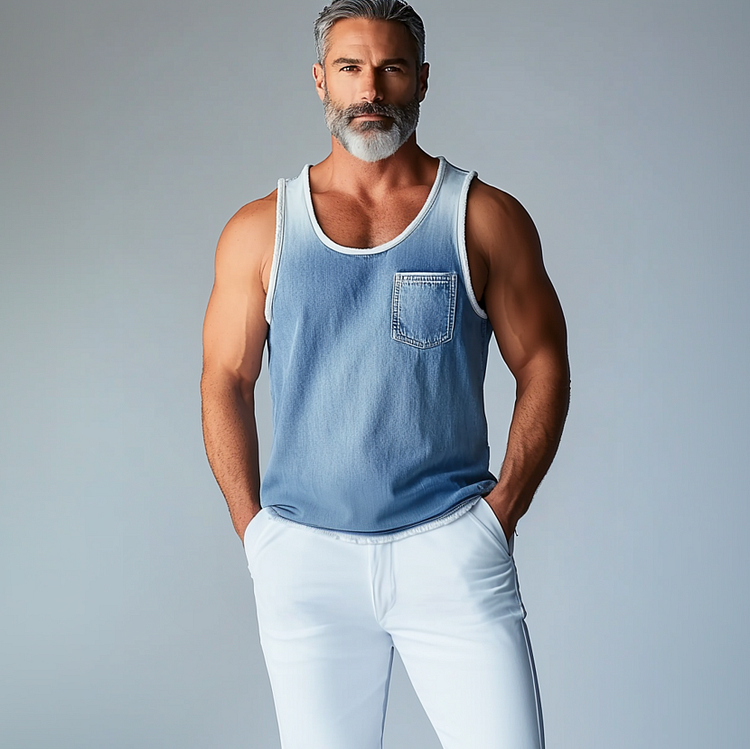 Men's Gradient Denim Chest Pocket Crew Neck Tank Top