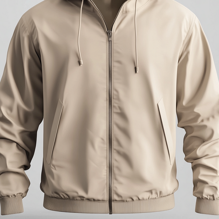 Men's Solid Long Sleeve Slant Pocket Windproof Drawstring Hooded Jacket