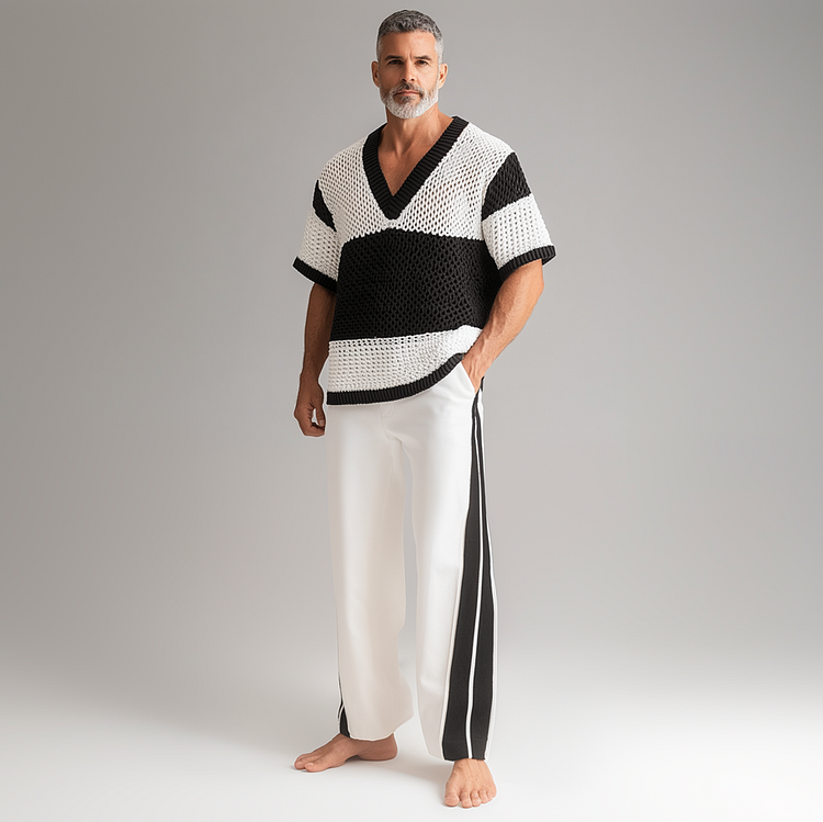 Men's Contrast Color Knitted Hollow Out V Neck Short Sleeve T-Shirt