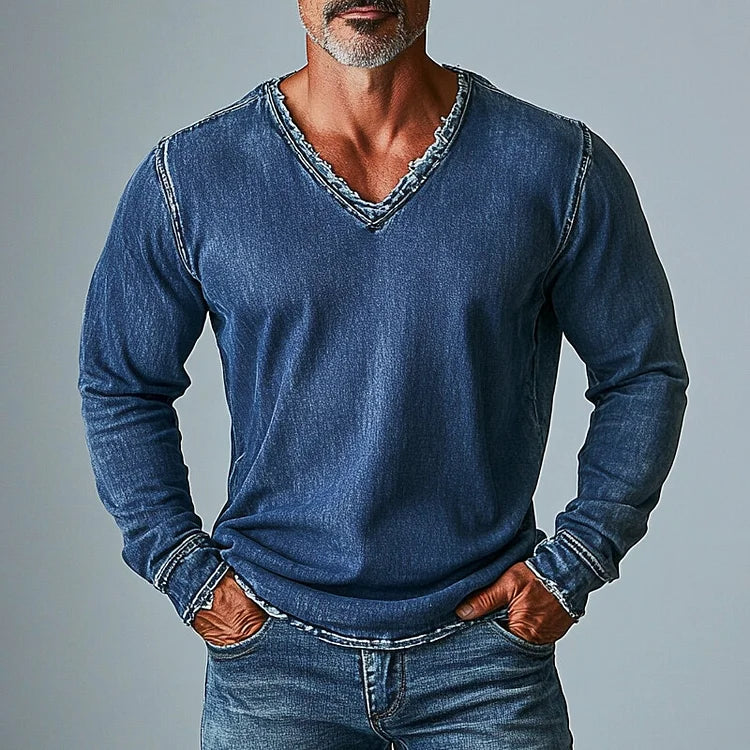 Men's Casual Raw Edge Denim V Neck Long Sleeve Sweatshirt
