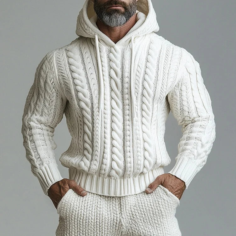 Men's Casual Long Sleeve Drawstring Cable Knit Hoodie