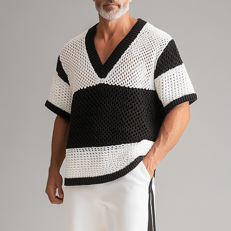 Men's Contrast Color Knitted Hollow Out V Neck Short Sleeve T-Shirt