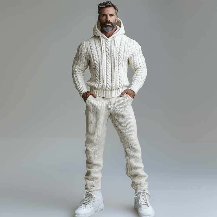 Men's Casual Long Sleeve Drawstring Cable Knit Hoodie