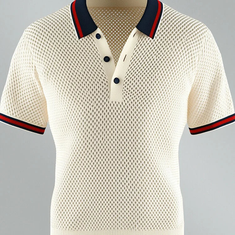 Men's Knitted Hollow Out Contrast Stripes Half Button Short Sleeve Polo Shirt