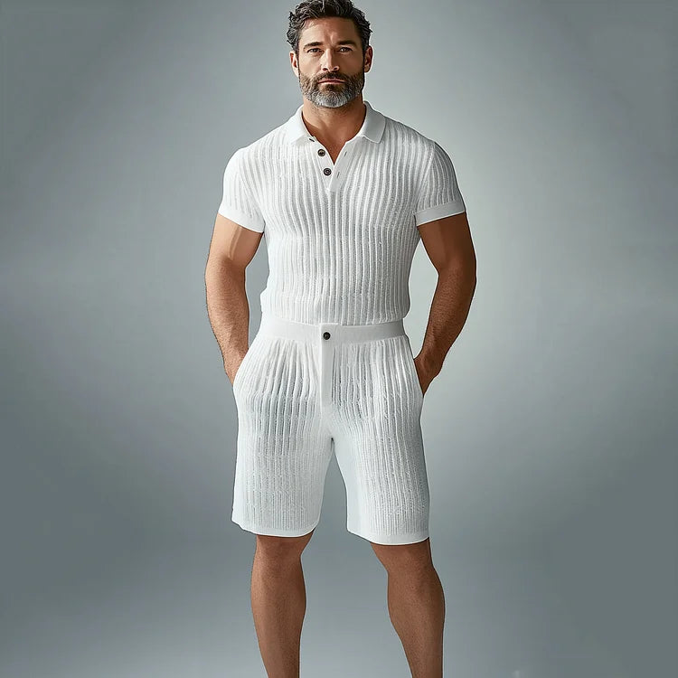Men's Knitted Short Sleeve Polo Shirt & Slant Pocket Shorts 2Pcs Set
