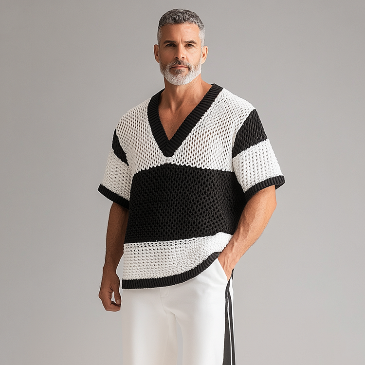 Men's Contrast Color Knitted Hollow Out V Neck Short Sleeve T-Shirt