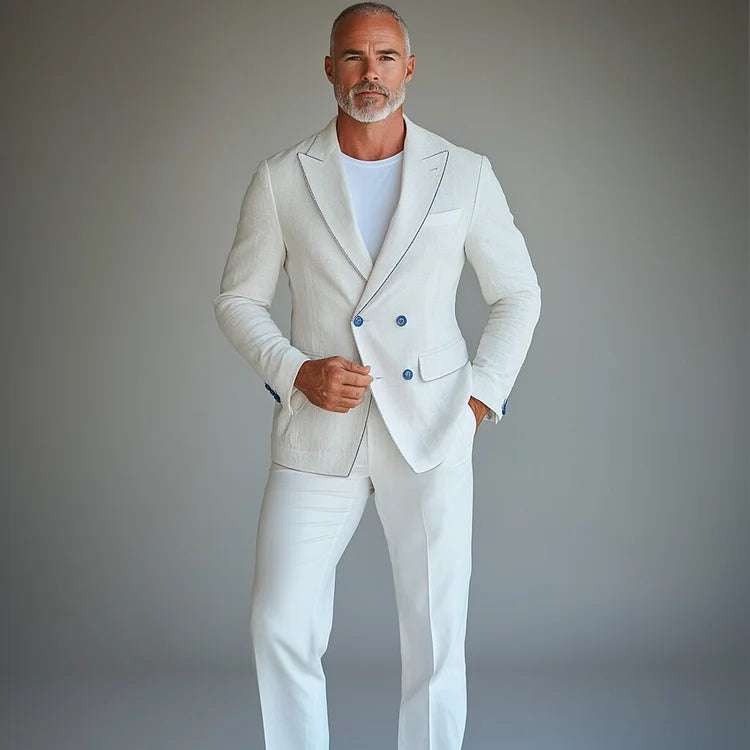 Men's Peaked Lapel Double Breasted Contrast Binding Blazer