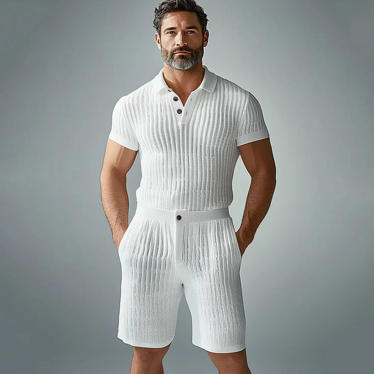 Men's Knitted Short Sleeve Polo Shirt & Slant Pocket Shorts 2Pcs Set