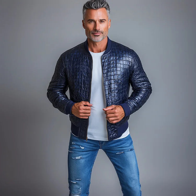 Men's PU Leather Alligator Pattern Zip Up Bomber Jacket