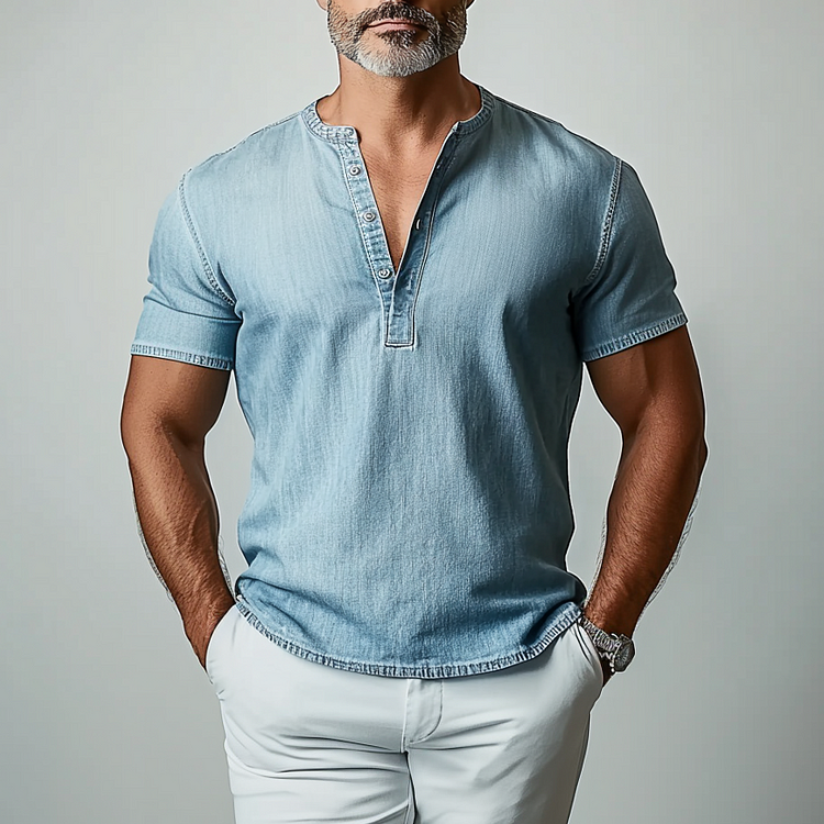 Men's Denim Short Sleeve Half Button Henley Shirt