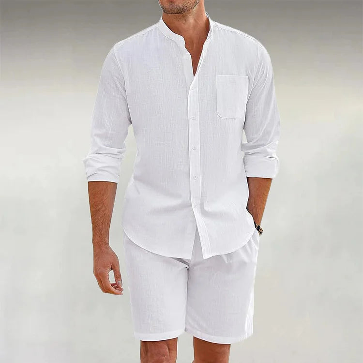 Men's Linen Stand Collar Casual Long Sleeve Shirt & Shorts 2Pcs Set