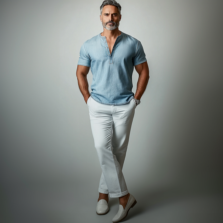 Men's Denim Short Sleeve Half Button Henley Shirt