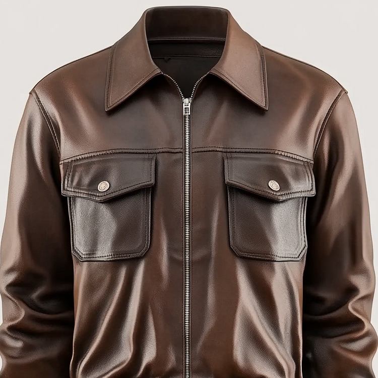 Men's Retro Turndown Collar Flap Pocket Long Sleeve Zip Up PU Leather Jacket
