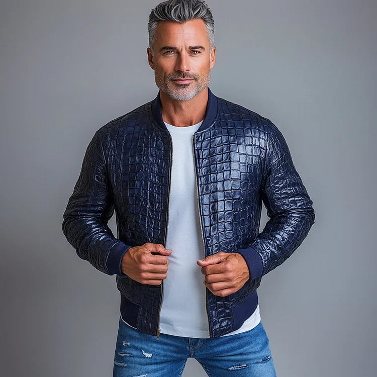 Men's PU Leather Alligator Pattern Zip Up Bomber Jacket