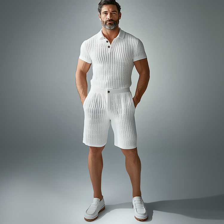 Men's Knitted Short Sleeve Polo Shirt & Slant Pocket Shorts 2Pcs Set