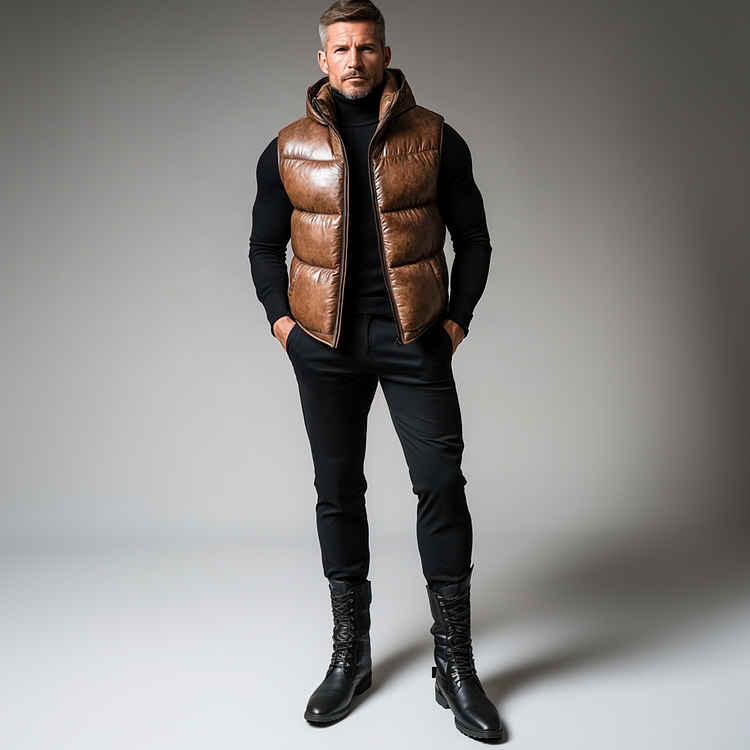 Prestique's Retro Padded Leather Vest – Brown