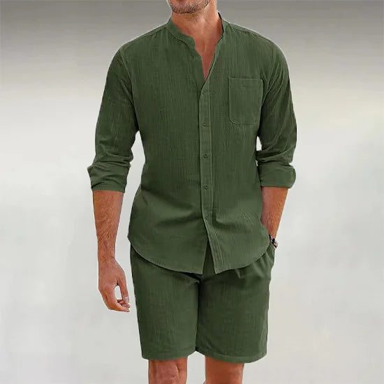 Men's Linen Stand Collar Casual Long Sleeve Shirt & Shorts 2Pcs Set