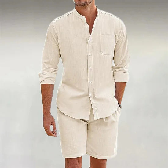Men's Linen Stand Collar Casual Long Sleeve Shirt & Shorts 2Pcs Set
