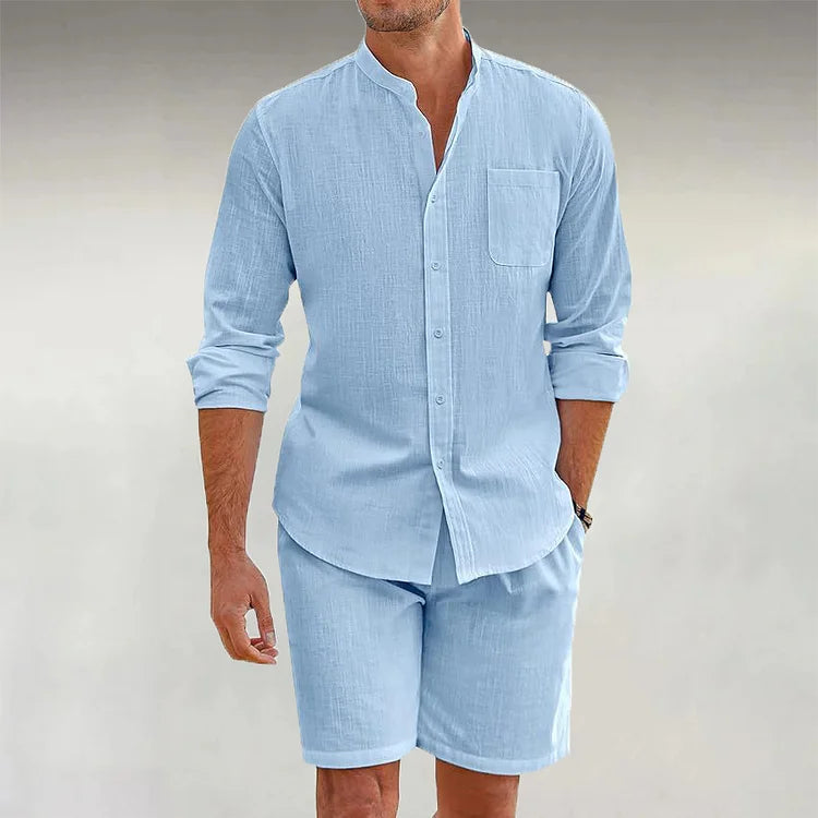 Men's Linen Stand Collar Casual Long Sleeve Shirt & Shorts 2Pcs Set
