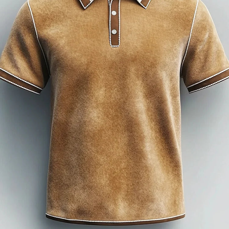 Men's Suede Colorblock Half Button Short Sleeve Polo Shirt