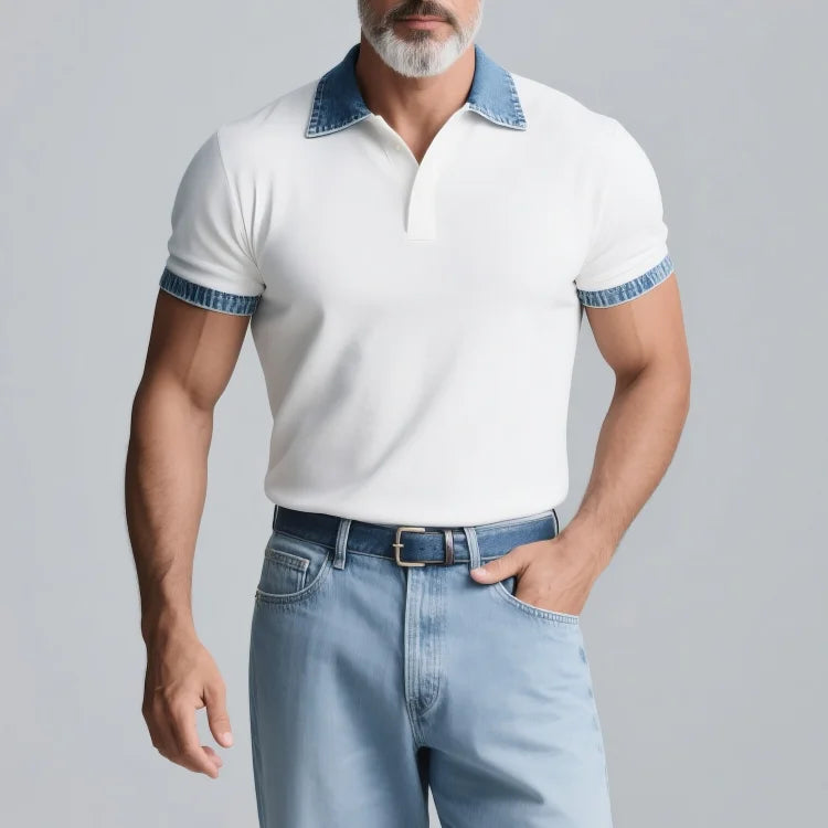 Men's Denim Patchwrok Half Button Short Sleeve Polo Shirt