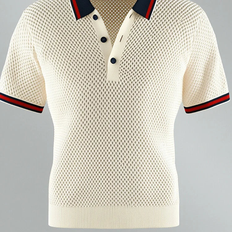 Men's Knitted Hollow Out Contrast Stripes Half Button Short Sleeve Polo Shirt