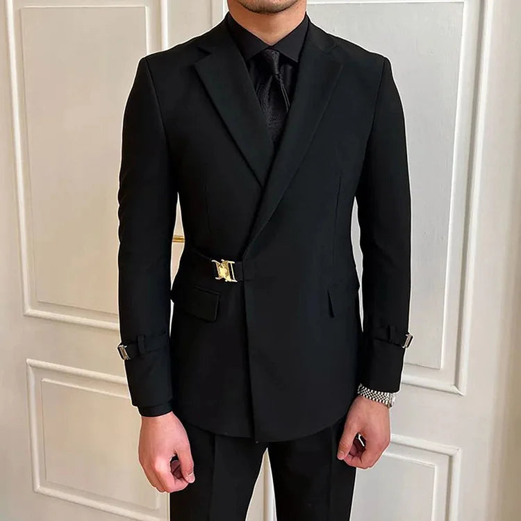 Men's Vintage Buckle Decor Long Sleeve Blazer