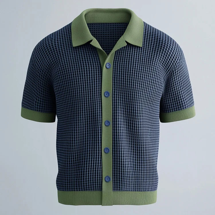 Men's Turndown Collar Short Sleeve Button Plaid Colorblock Shirt