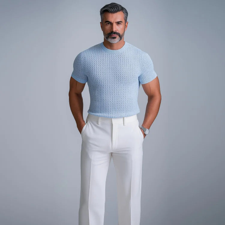 Men's Hollow Crochet Knit Round Neck Short Sleeve T-Shirt