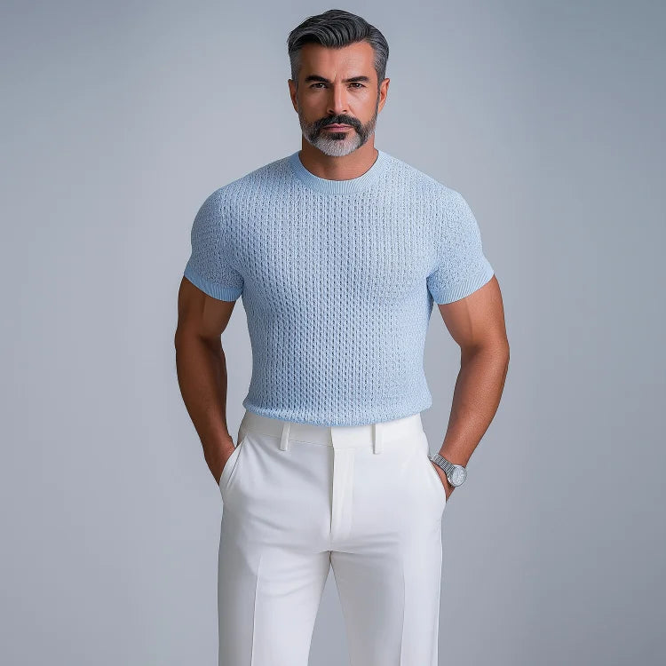 Men's Hollow Crochet Knit Round Neck Short Sleeve T-Shirt