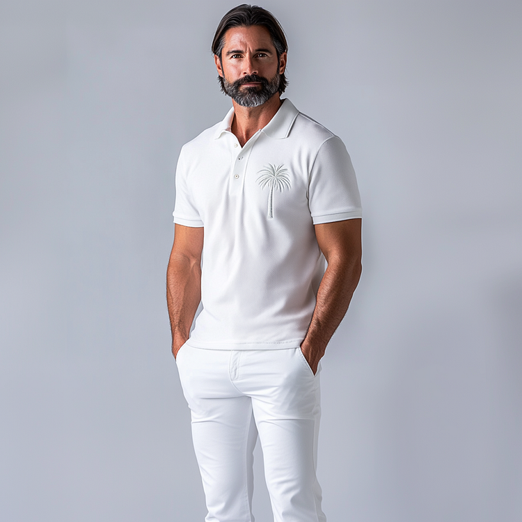 Men's Coconut Tree Embroidery Half Button Short Sleeve Polo Shirt