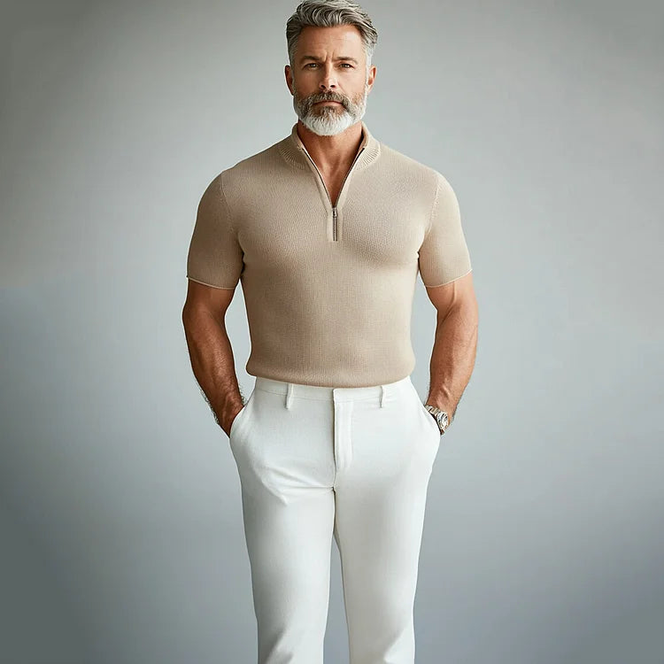 Men's Knitted Stand Collar Half Zip Short Sleeve Shirt