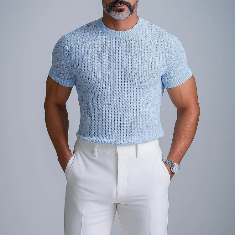 Men's Hollow Crochet Knit Round Neck Short Sleeve T-Shirt