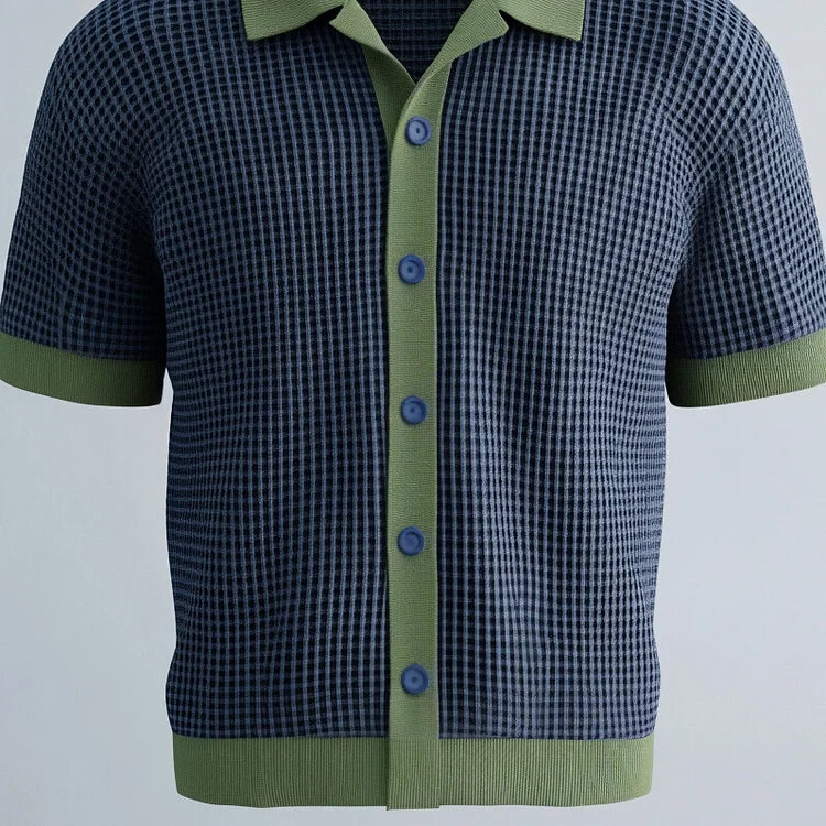 Men's Turndown Collar Short Sleeve Button Plaid Colorblock Shirt